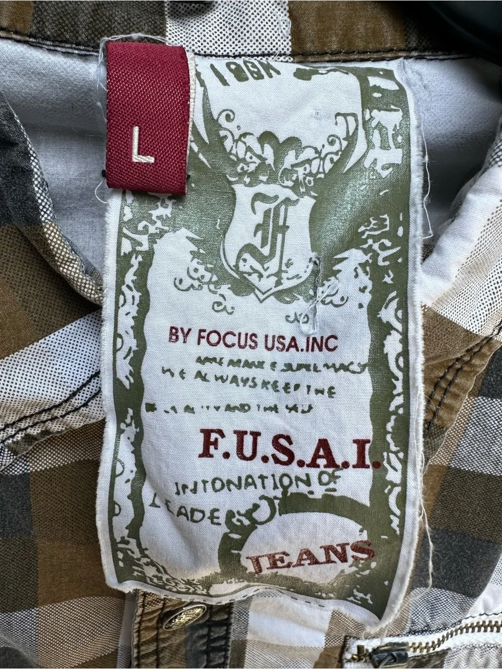 FUSAI Jeans Mens Large Plaid Utility Snap Shirt, Moto Grunge  Y2K Heavy Cotton L